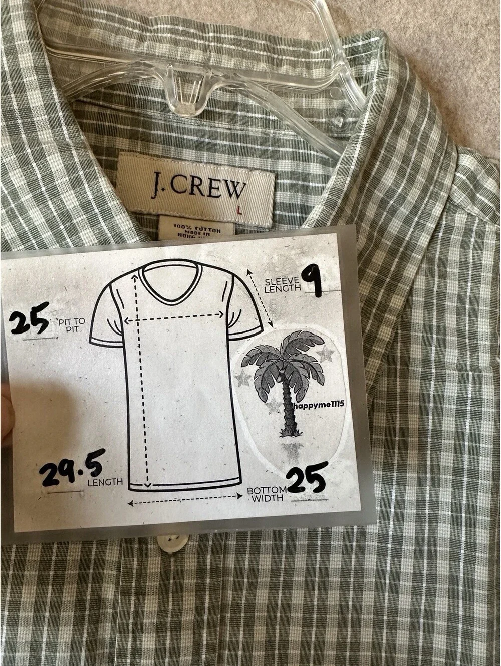 J Crew Green White Plaid Short  Sleeve Button Down Shirt Men’s Lg Cotton